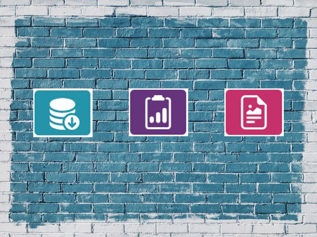 An image of icons for the 3 main searchable content types on the EDC of Data Projects and Publications on a blue brick background