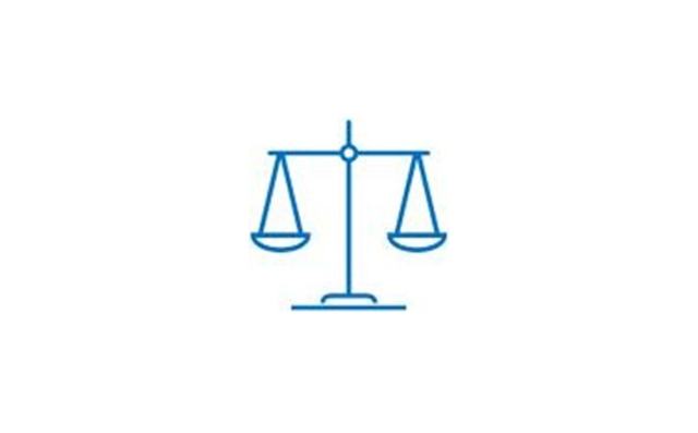 A blue judicial scale icon