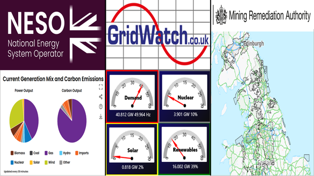 An image of each of the 3 new visualisations added to the EDC being NESO carbon intensity dashboard, gridwatch, and mining remediation authority map